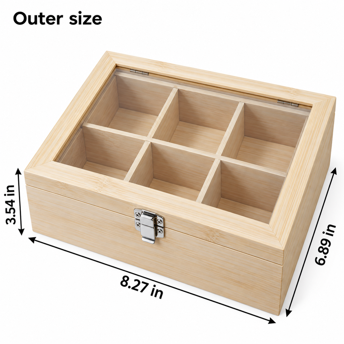 Six-Compartment Bamboo Tea Box — verified size information
