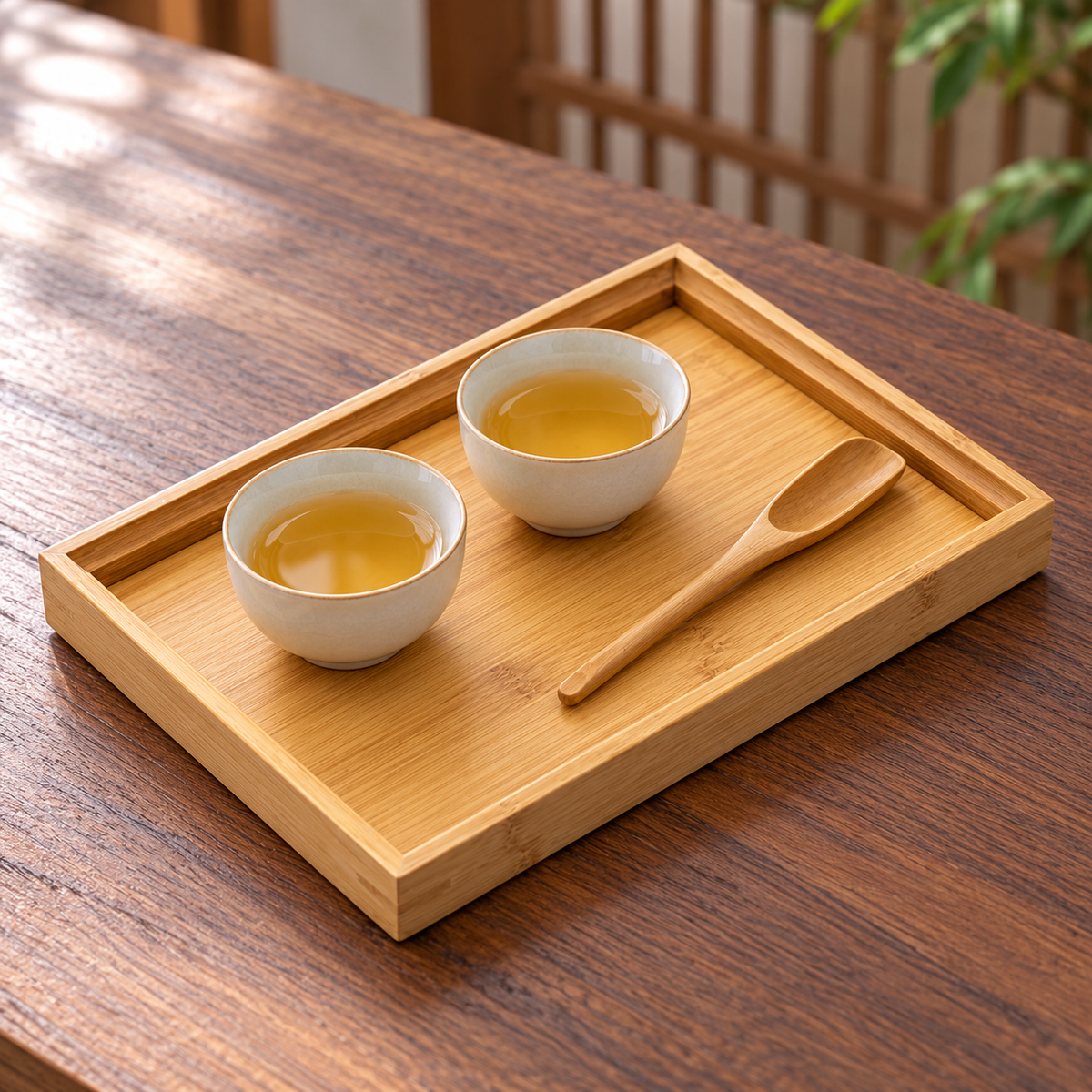 Rectangular Bamboo Tea Tray — use scene; styling accessories not included