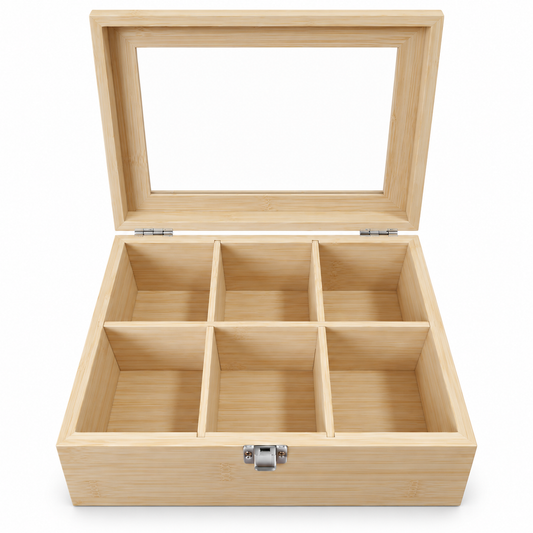 Six-Compartment Bamboo Tea Box — white background product view