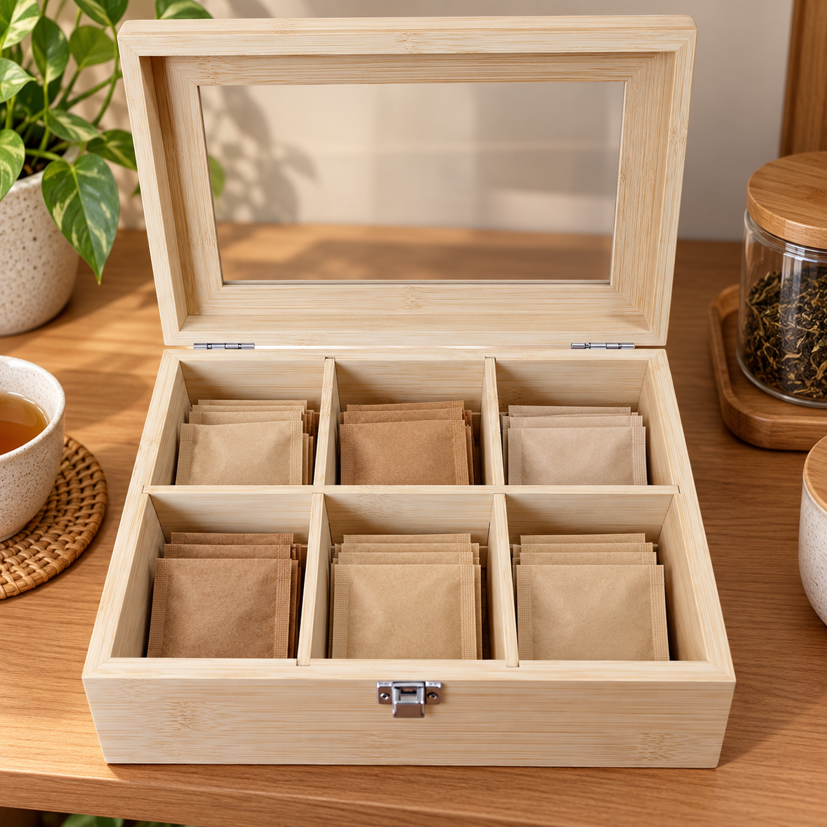 Six-Compartment Bamboo Tea Box — use scene; styling accessories not included