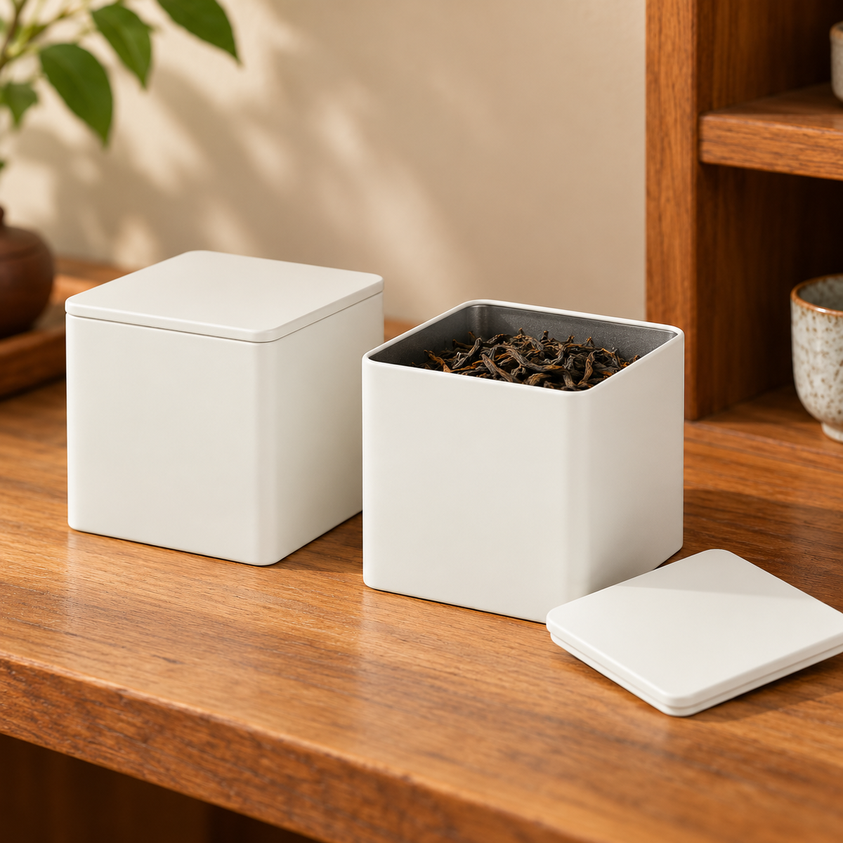 Off-White Square Tea Tins, Set of 2 — use scene; styling accessories not included