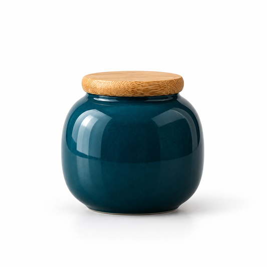 Teal Ceramic Tea Caddy with Bamboo Lid — white background product view