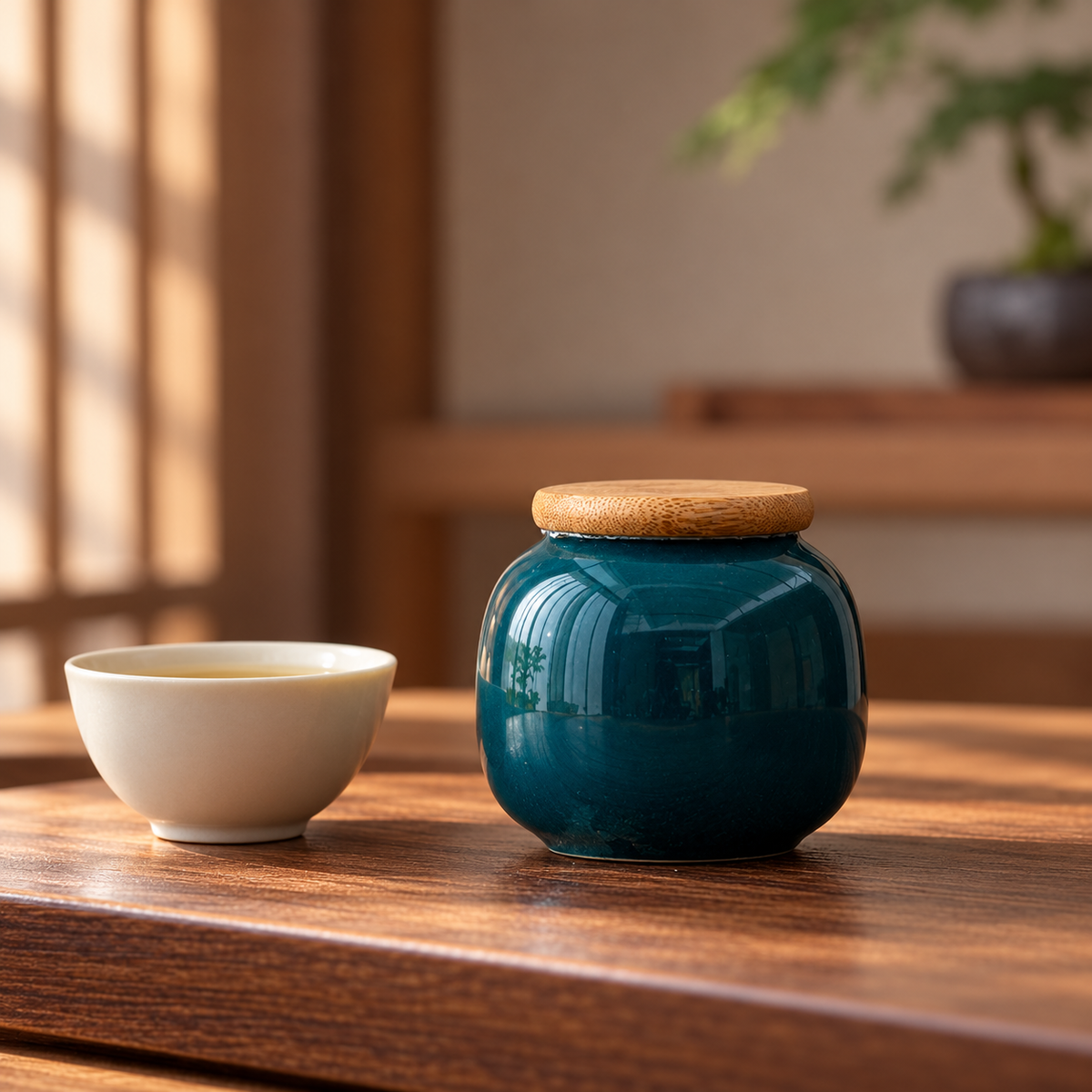 Teal Ceramic Tea Caddy with Bamboo Lid — use scene; styling accessories not included
