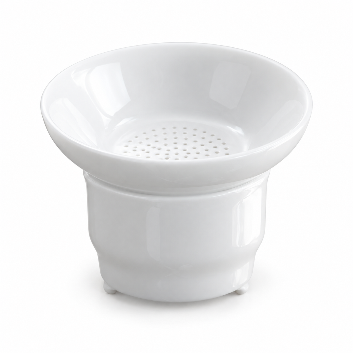 White Porcelain Tea Filter with Stand — white background product view