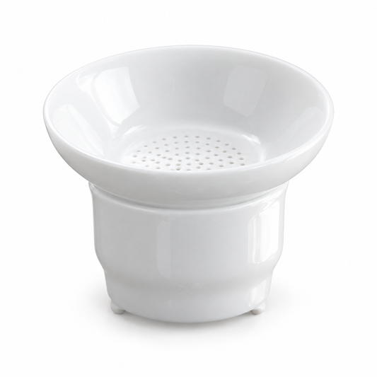 White Porcelain Tea Filter with Stand — white background product view