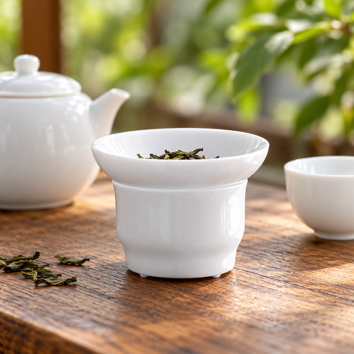 White Porcelain Tea Filter with Stand — use scene; styling accessories not included