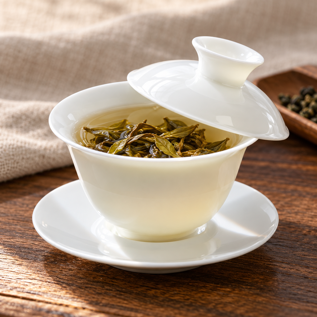 White Porcelain Gaiwan with Saucer, 120 ml — use scene; styling accessories not included